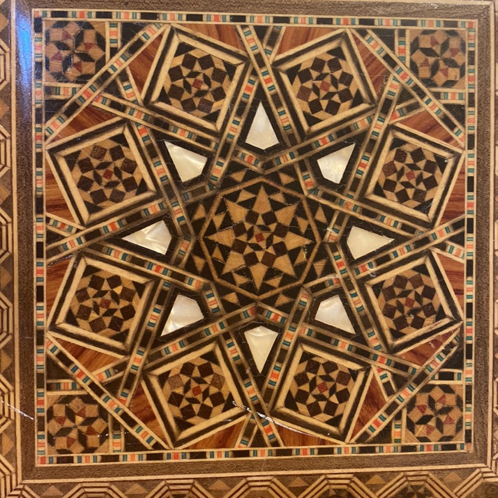 Middle Eastern Large Inlaid Wood Micro Mosaic mother pearl jewelry box vintage